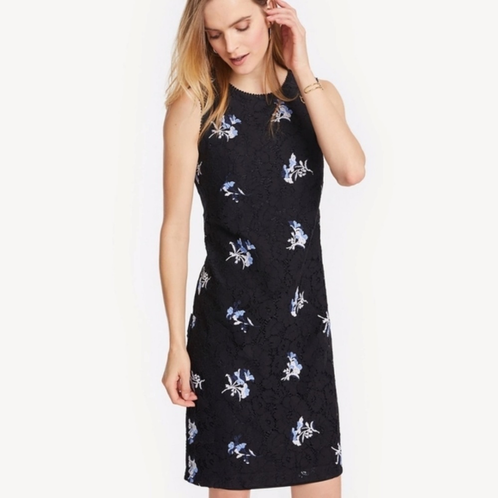 Ann Taylor Embroidered Black Lace Sheath Dress